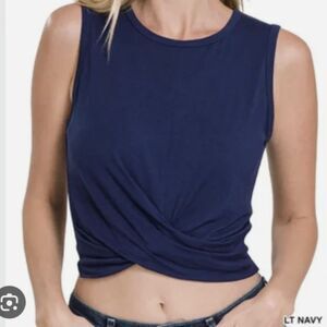 EUC Alo Cover Front Wrap Detail Tank, Navy, Sz. S